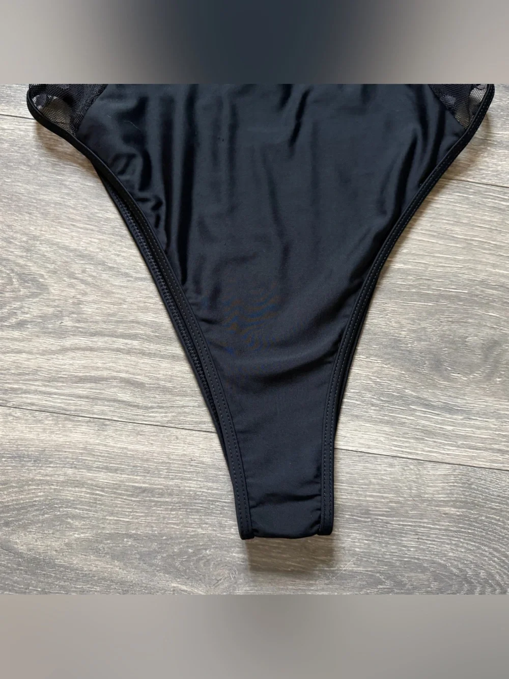 White Fox Swim Low Back Cheeky Black One Piece w Mesh Polka Dot Sides. Size S